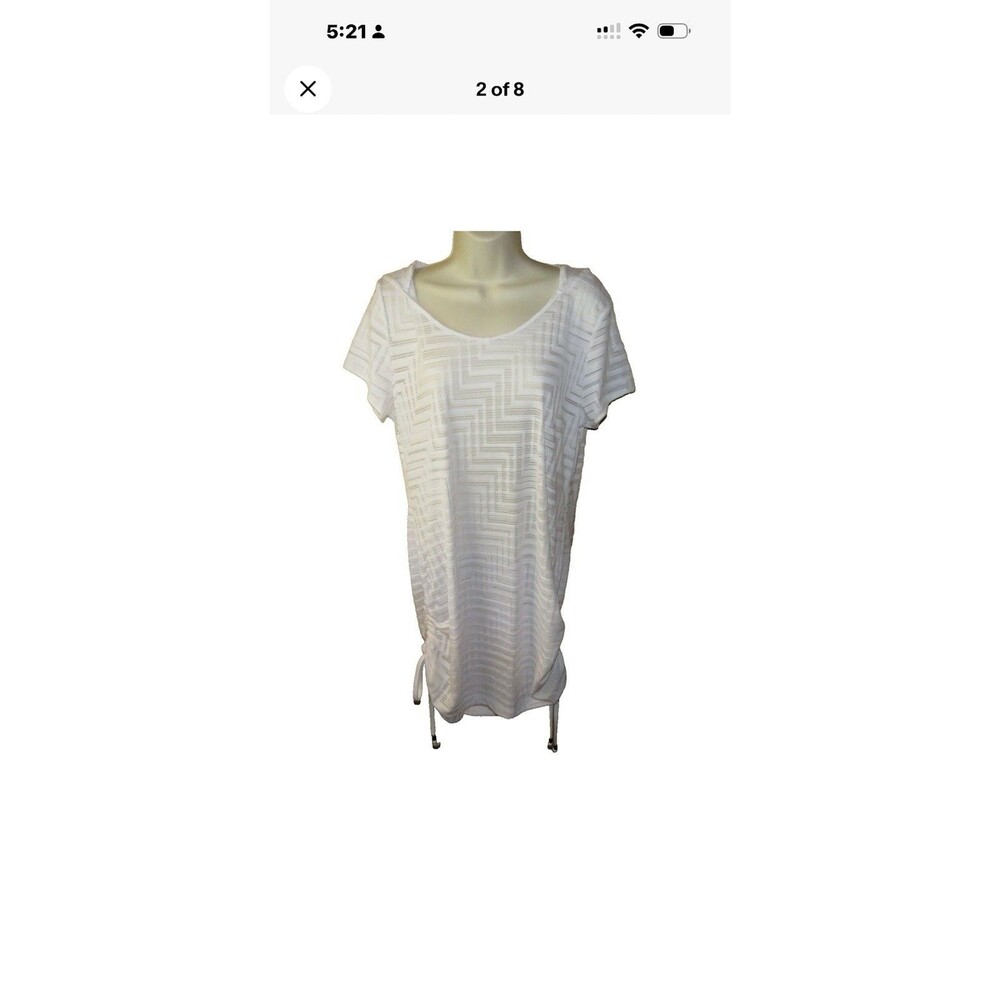 DOTTI Womens Cover Up White Hooded Textured Pattern Ruched Sides Beach Pool Med.